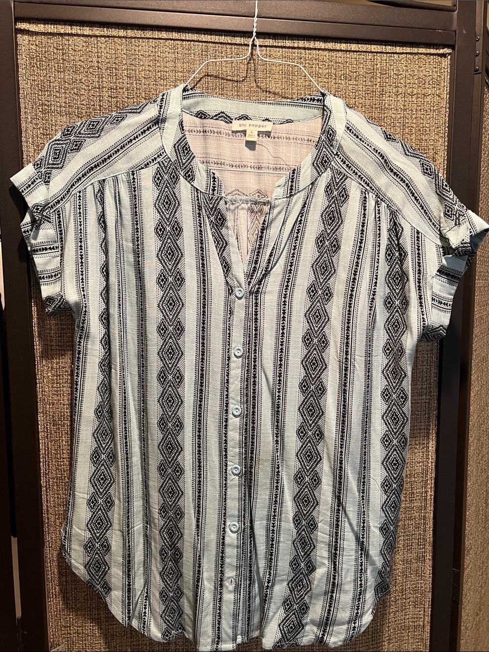 bp Black and Mint Green Geometric Stripe Button-Front Top
